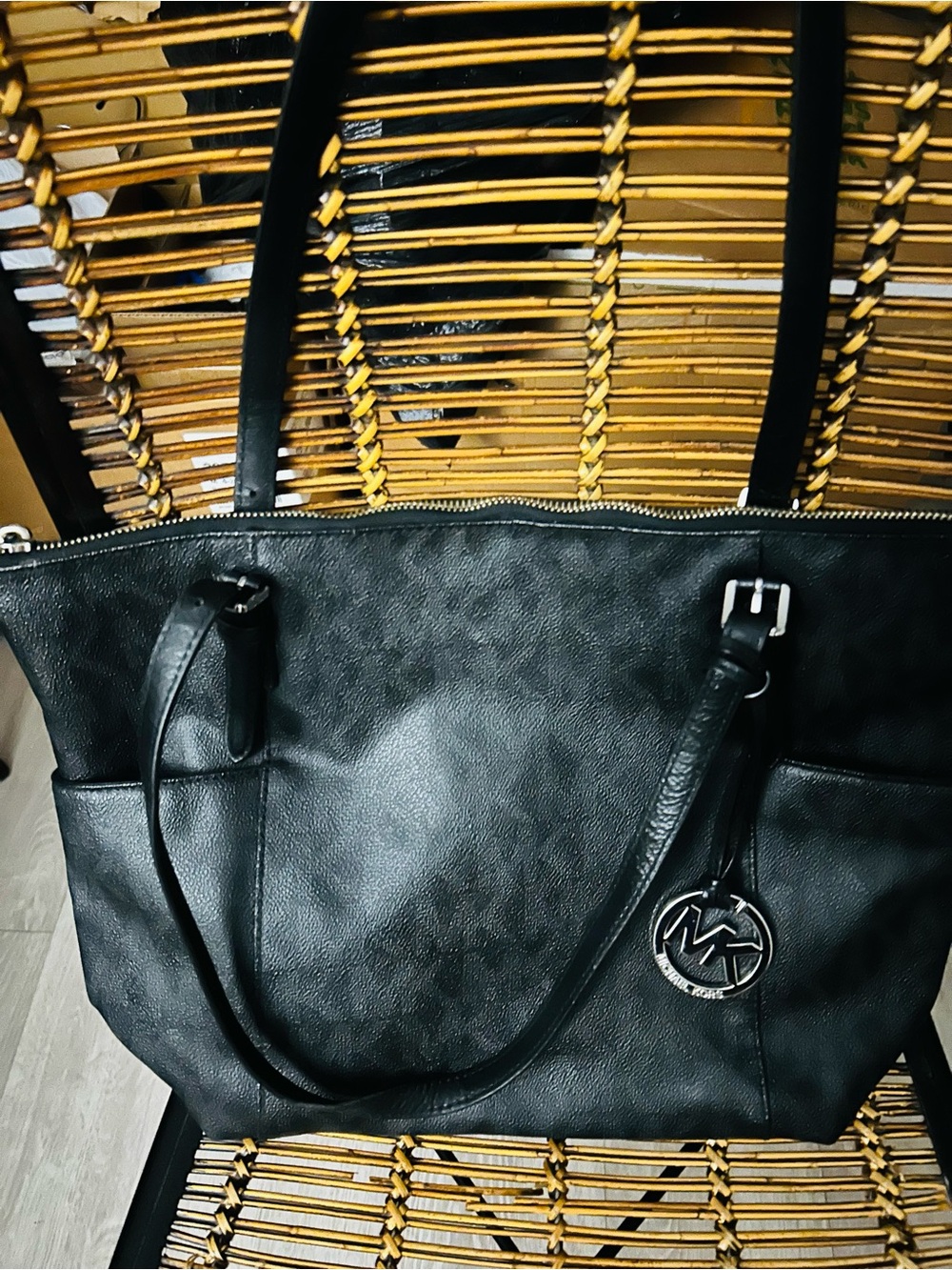 Michael Kors Jet Set Black Signature Tote W/Silver Hardware